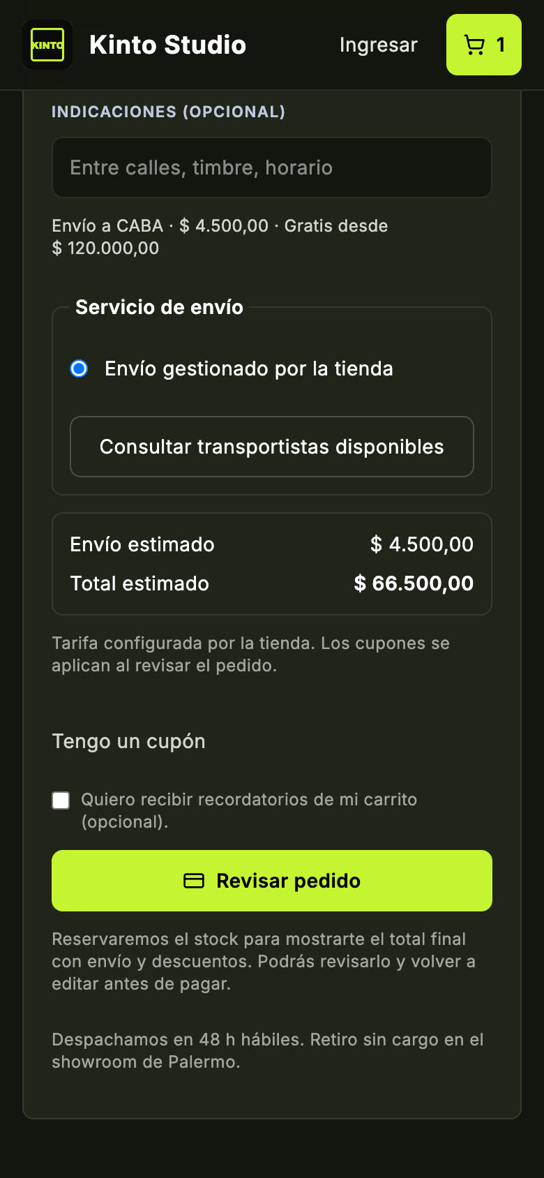 Checkout de la tienda con las opciones de envío a domicilio y retiro en el local